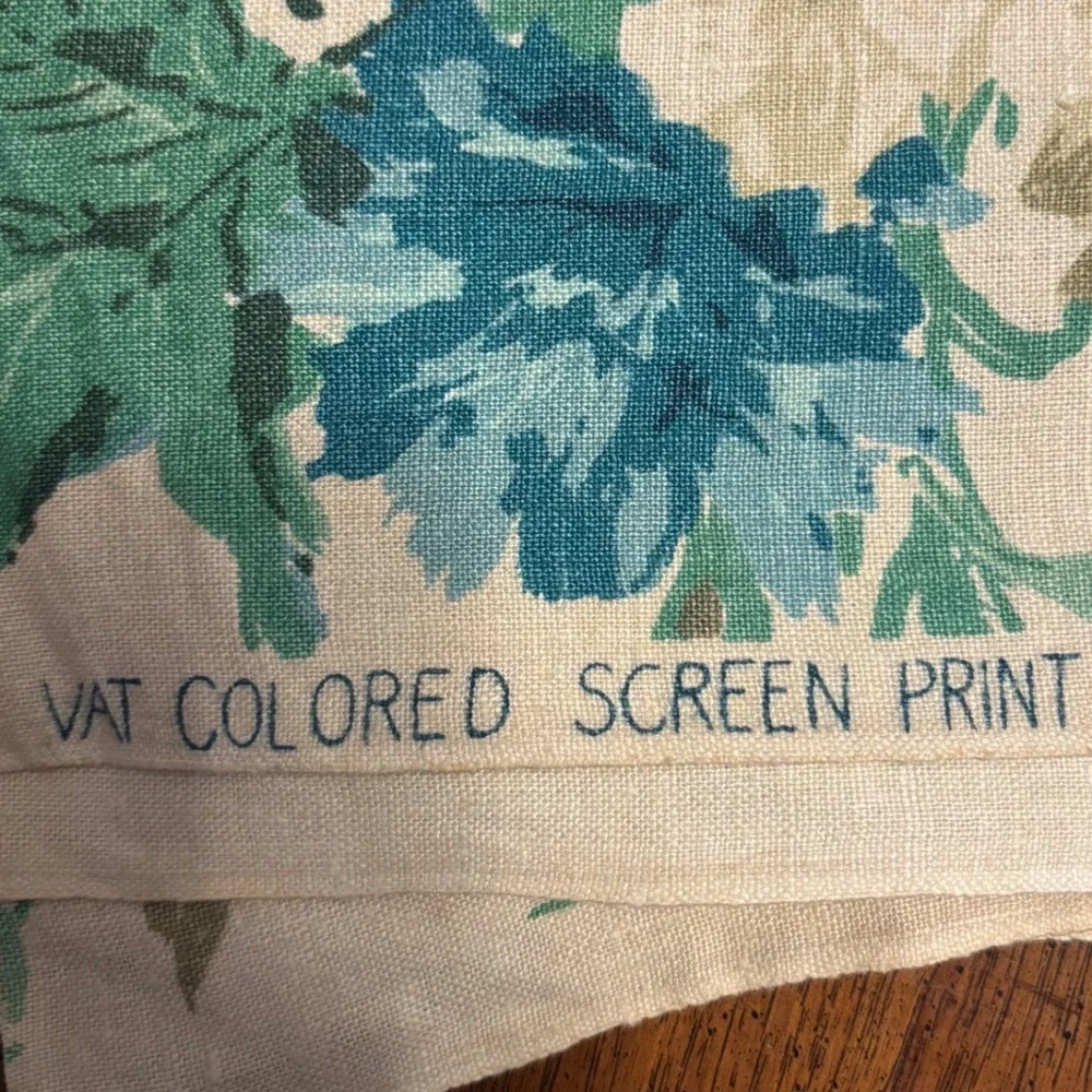 VTG Kirtland Vat Colored Screen Print Floral Fabric Blue Green 48x72 Scotchgard‎